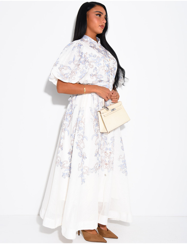 Robe longue en voile doublé imprimé avec boutons fantaisies et ceinture