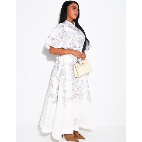 Robe longue en voile doublé imprimé avec boutons fantaisies et ceinture