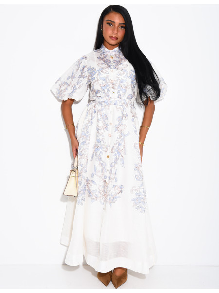 Robe longue en voile doublé imprimé avec boutons fantaisies et ceinture