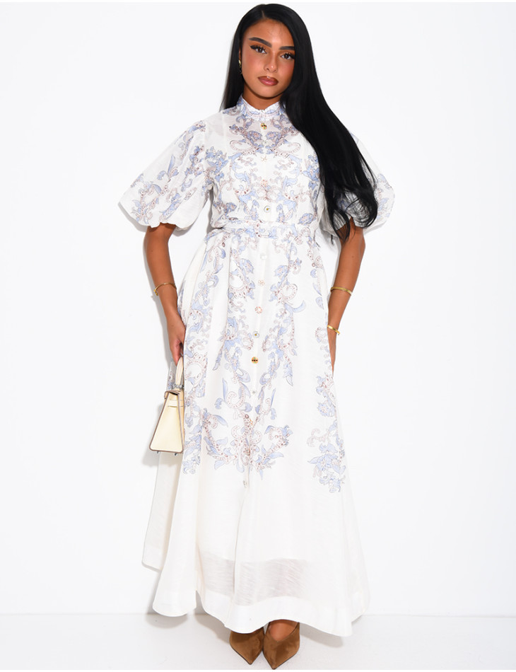 Robe longue en voile doublé imprimé avec boutons fantaisies et ceinture
