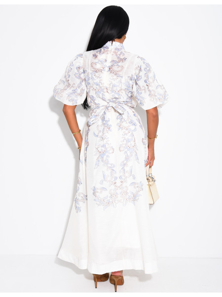Robe longue en voile doublé imprimé avec boutons fantaisies et ceinture