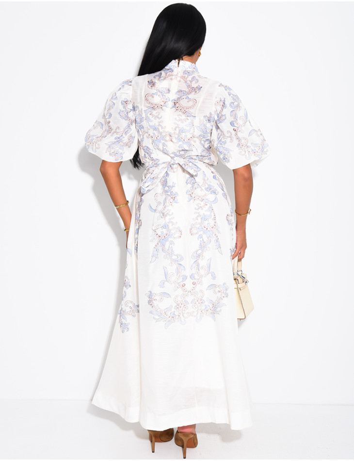 Robe longue en voile doublé imprimé avec boutons fantaisies et ceinture