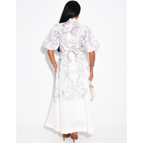 Robe longue en voile doublé imprimé avec boutons fantaisies et ceinture