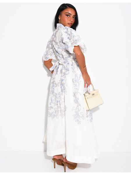 Robe longue en voile doublé imprimé avec boutons fantaisies et ceinture