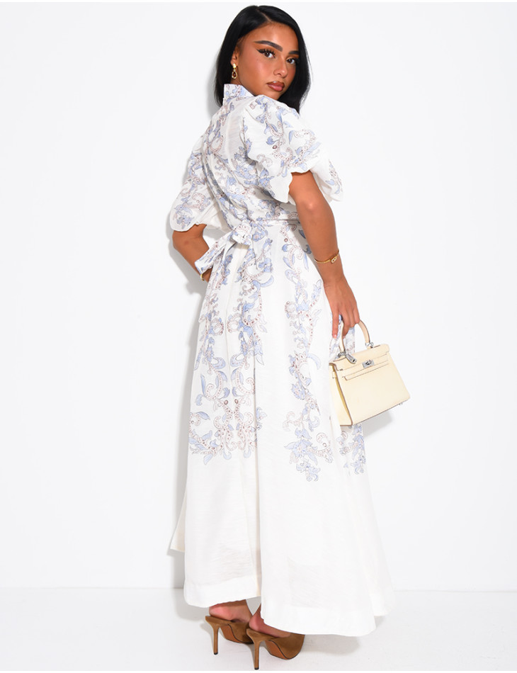Robe longue en voile doublé imprimé avec boutons fantaisies et ceinture