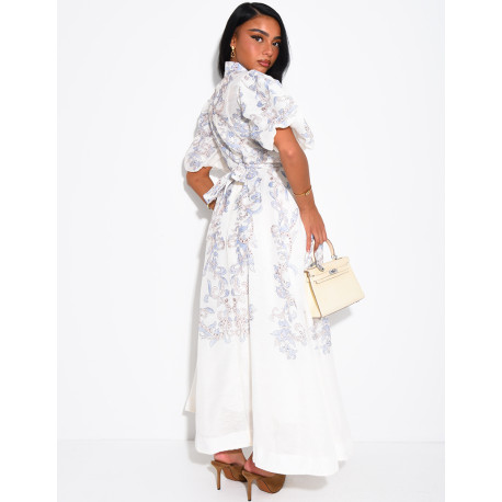 Robe longue en voile doublé imprimé avec boutons fantaisies et ceinture