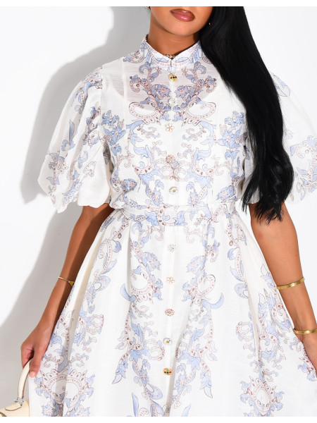 Robe longue en voile doublé imprimé avec boutons fantaisies et ceinture