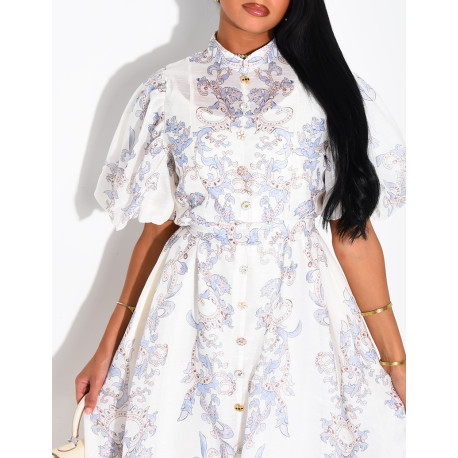 Robe longue en voile doublé imprimé avec boutons fantaisies et ceinture