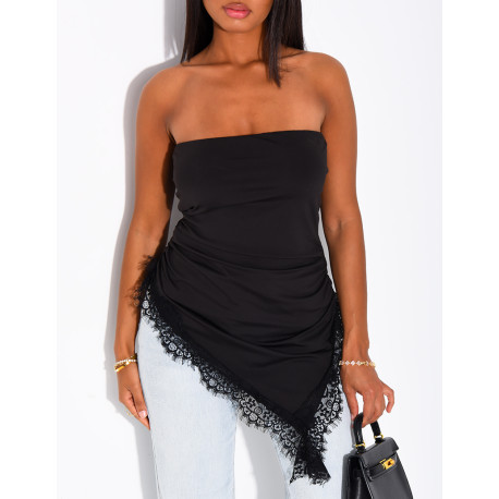 Asymmetrical lace-trimmed bustier top