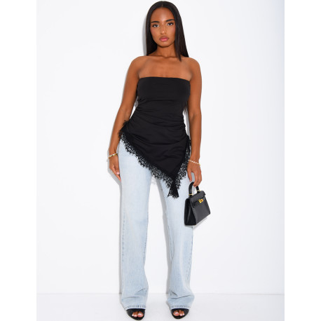 Asymmetrical lace-trimmed bustier top