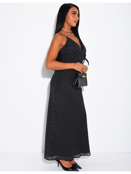 Langes Kleid aus Voile mit Punkten und Spitzenbesatz