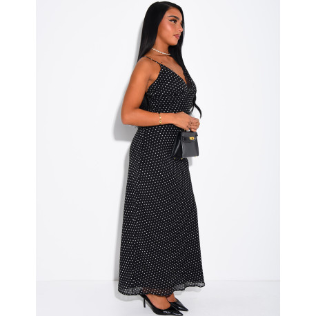 Langes Kleid aus Voile mit Punkten und Spitzenbesatz