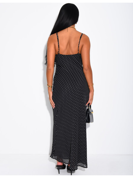 Langes Kleid aus Voile mit Punkten und Spitzenbesatz