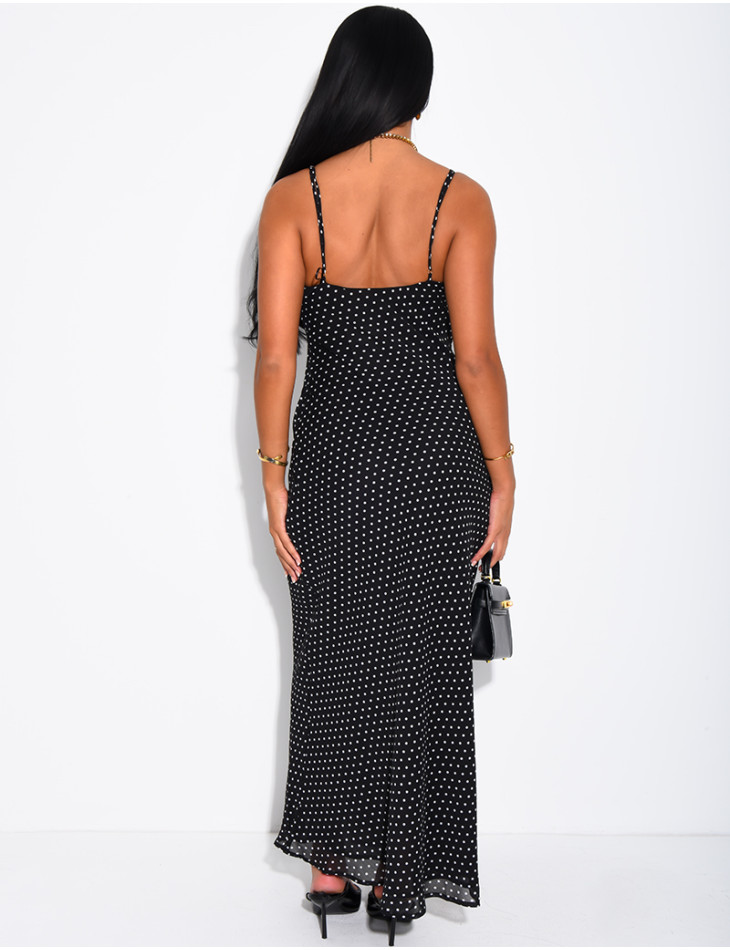 Langes Kleid aus Voile mit Punkten und Spitzenbesatz