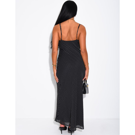 Langes Kleid aus Voile mit Punkten und Spitzenbesatz