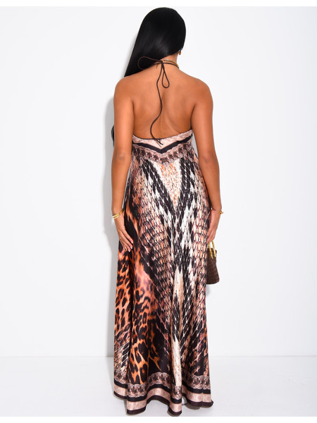 Robe longue dos nu imprimé léopard et écailles