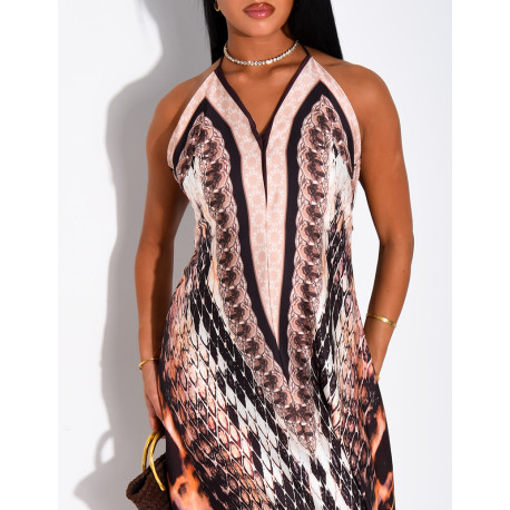 Robe longue dos nu imprimé léopard et écailles
