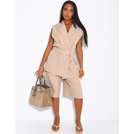 Blazer sans manche à ceinture boutonnée à la taille