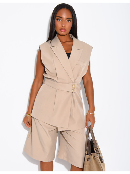 Blazer sans manche à ceinture boutonnée à la taille