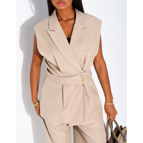 Blazer sans manche à ceinture boutonnée à la taille