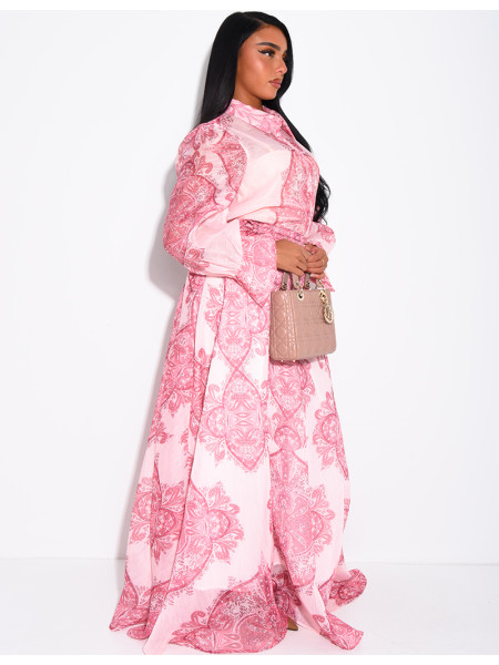 Long Skirt and Printed Shirt Set with Belt