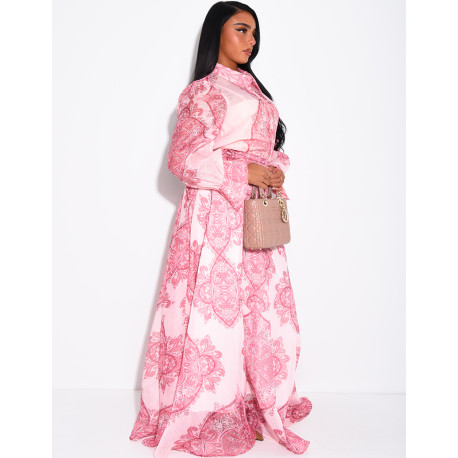 Long Skirt and Printed Shirt Set with Belt