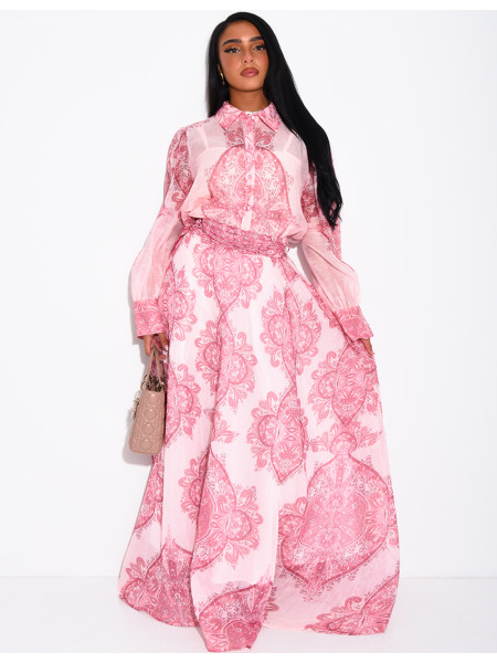 Long Skirt and Printed Shirt Set with Belt