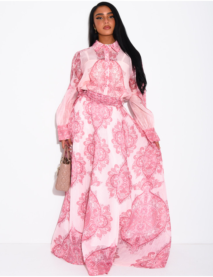 Long Skirt and Printed Shirt Set with Belt
