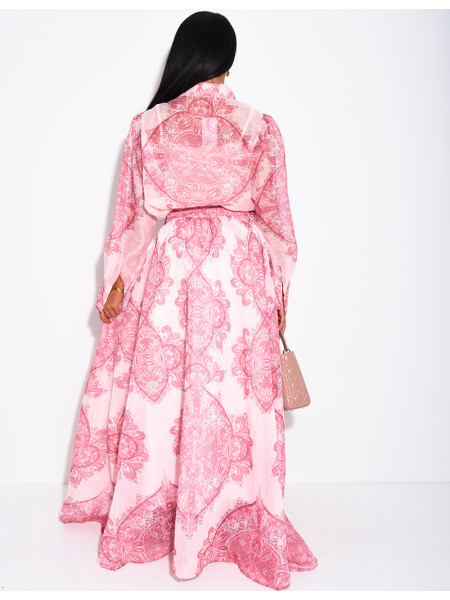 Long Skirt and Printed Shirt Set with Belt