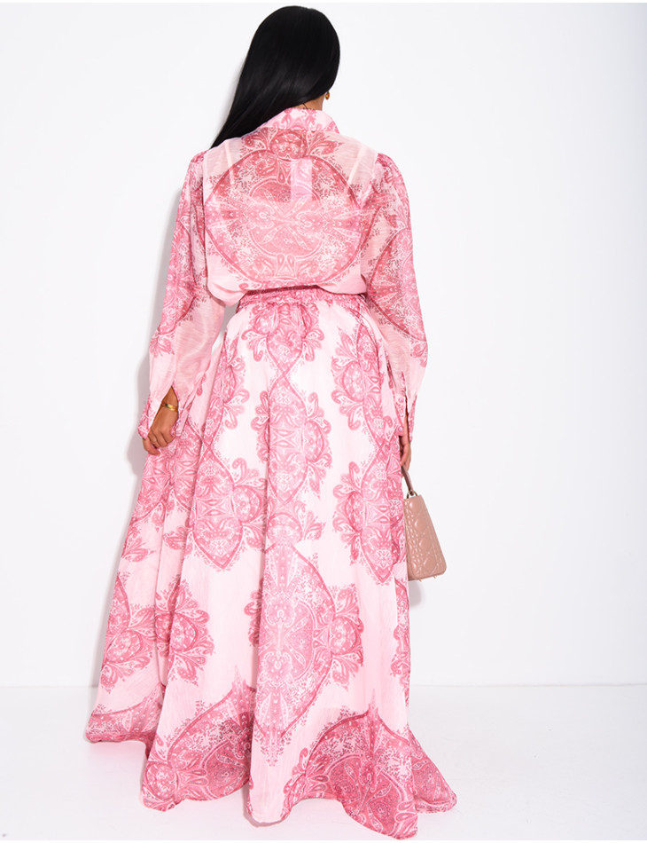 Long Skirt and Printed Shirt Set with Belt