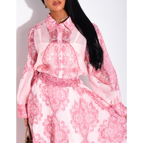 Long Skirt and Printed Shirt Set with Belt