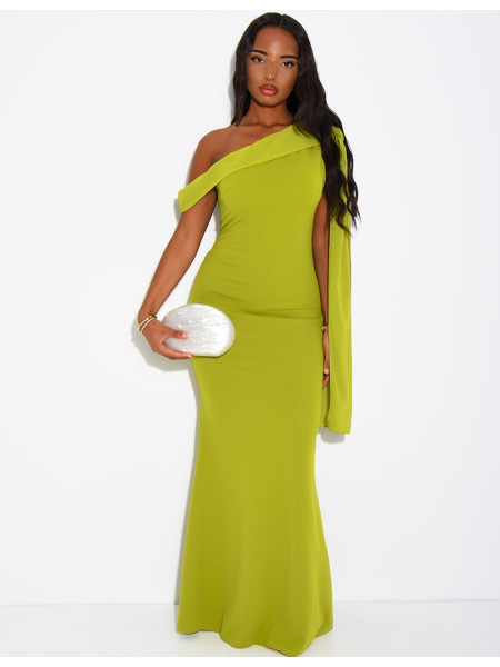 Robe longue col asymétrique à empiècement en voile