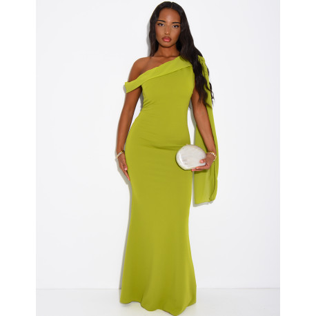 Robe longue col asymétrique à empiècement en voile