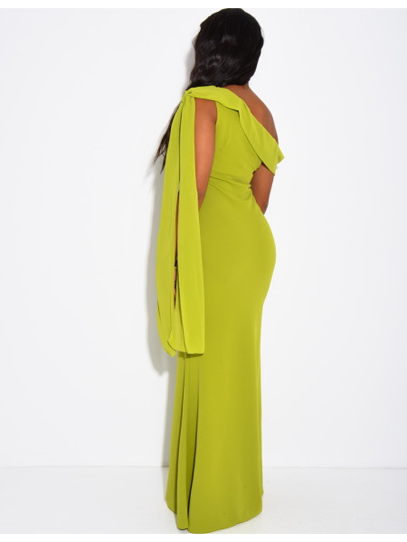 Robe longue col asymétrique à empiècement en voile