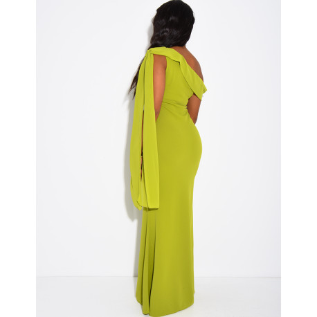 Robe longue col asymétrique à empiècement en voile