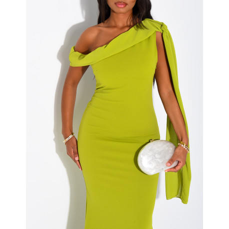 Robe longue col asymétrique à empiècement en voile