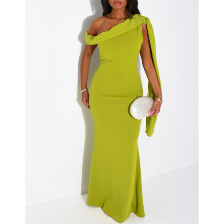 Robe longue col asymétrique à empiècement en voile