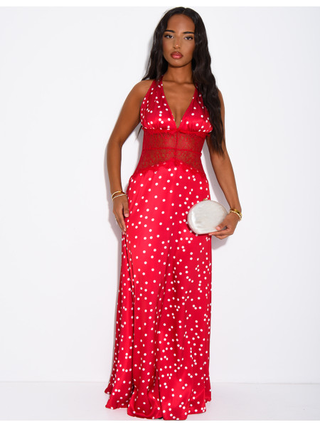 Robe longue en satin à pois et empiècement en dentelle
