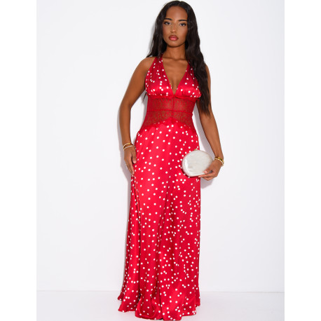 Robe longue en satin à pois et empiècement en dentelle
