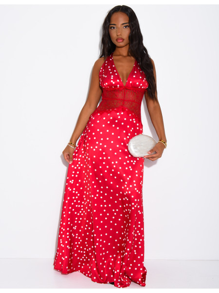 Robe longue en satin à pois et empiècement en dentelle