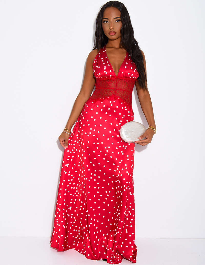 Robe longue en satin à pois...