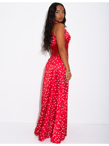 Robe longue en satin à pois et empiècement en dentelle