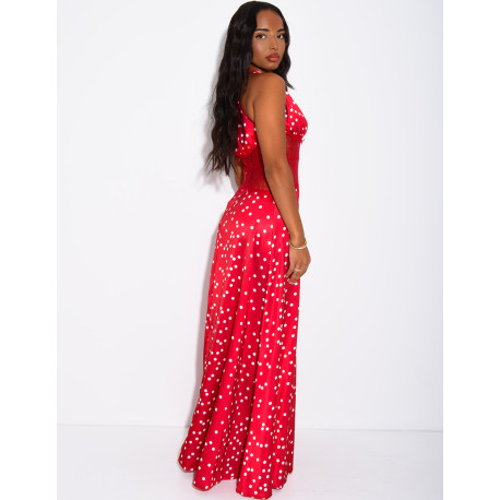 Robe longue en satin à pois et empiècement en dentelle