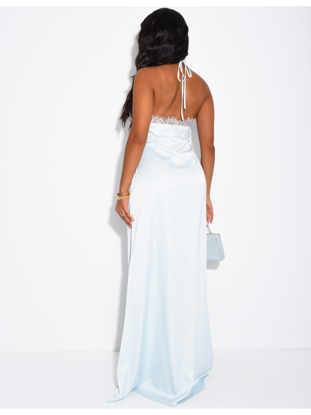 Robe longue en satin à dos nu asymétrique avec dentelle