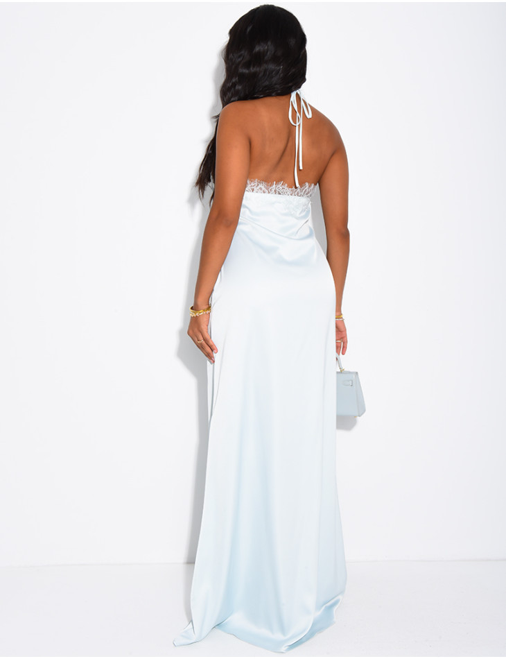 Robe longue en satin à dos nu asymétrique avec dentelle