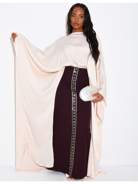 Ensemble jupe longue à sequins & perles et tunique asymétrique en satin
