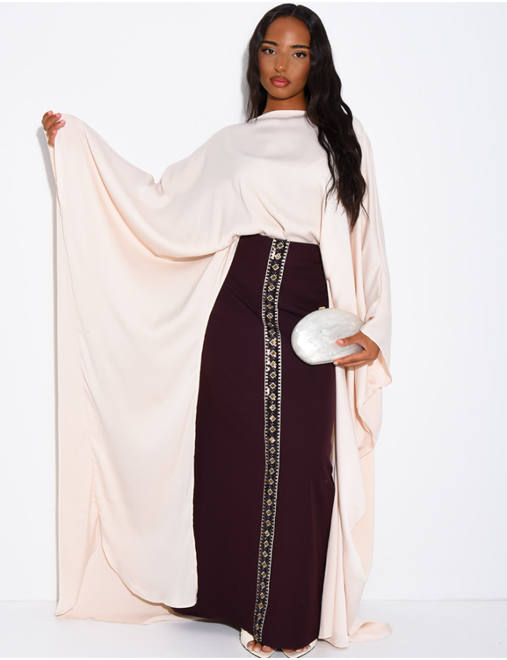 Ensemble jupe longue à sequins & perles et tunique asymétrique en satin