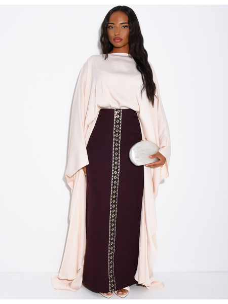 Ensemble jupe longue à sequins & perles et tunique asymétrique en satin