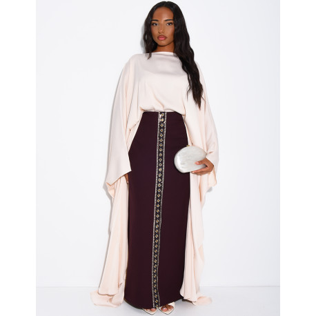 Ensemble jupe longue à sequins & perles et tunique asymétrique en satin
