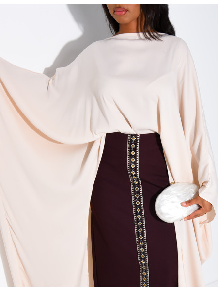 Ensemble jupe longue à sequins & perles et tunique asymétrique en satin